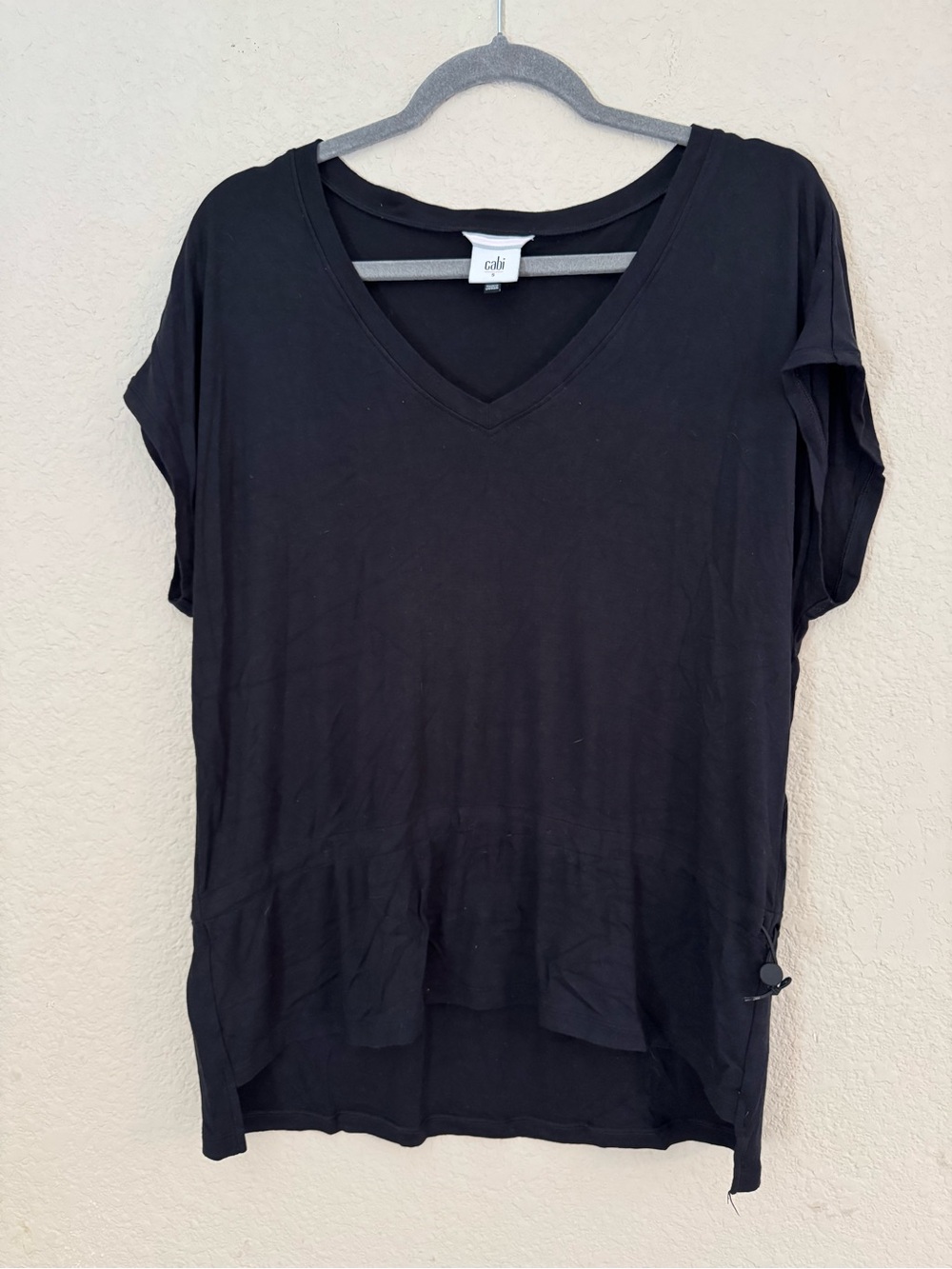CAbi solid black ATC formal cinch drawstring bottom v-neck tee